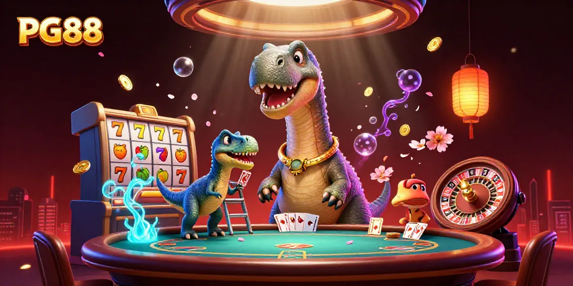 Engaging PG88 casino scene with a giant brontosaurus and clever raptor dealing cards at an exciting poker table.