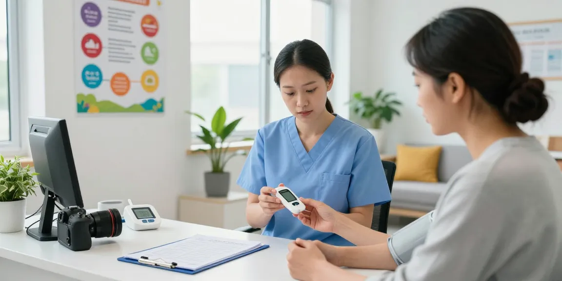 Patient learning to use a blood glucose meter with a nurse in a welcoming clinic environment.