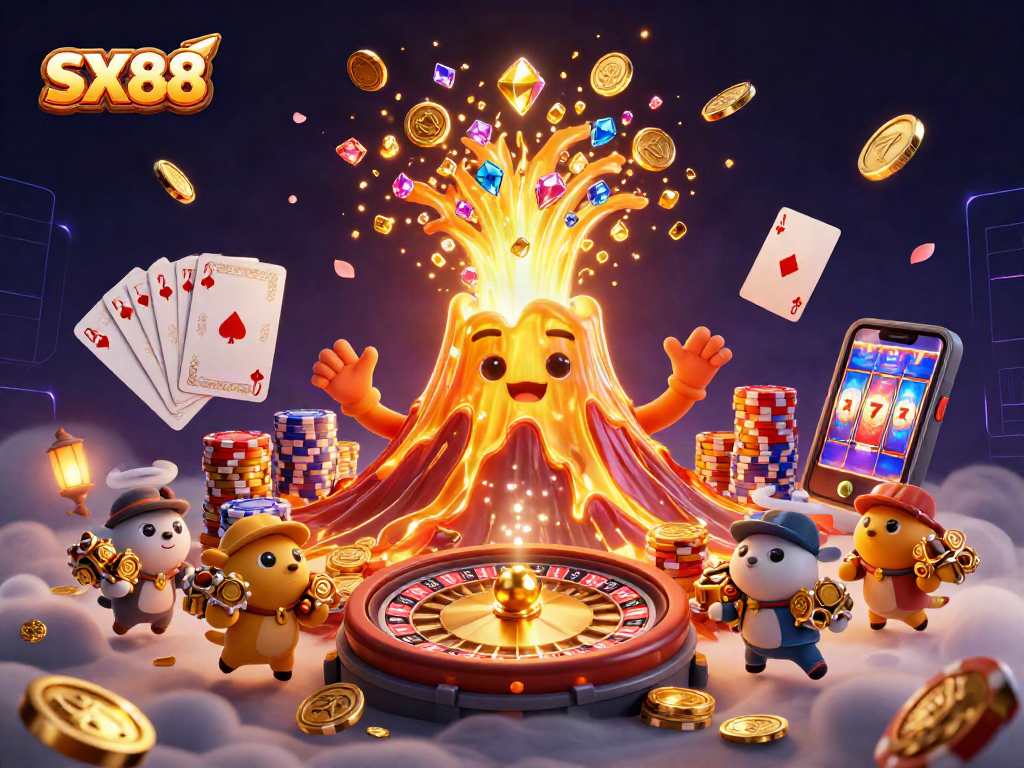 SX88 illuminates the casino world with dynamic coins, gems, and vibrant gaming elements.