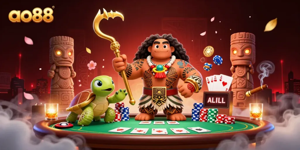 Engage with exciting gameplay at ao88, featuring vibrant poker elements, dynamic characters, and rich casino ambiance.
