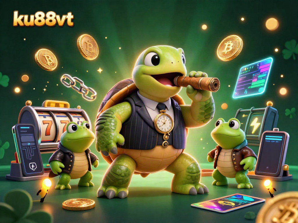 Win big at ku88vt with vibrant casino scenes featuring a turtle in a mobster suit.