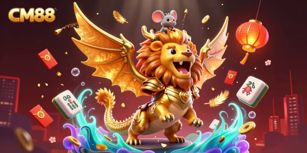 Experience thrilling gameplay at CM88 with a triumphant chimera and mouse jockey amid sparkling casino elements.