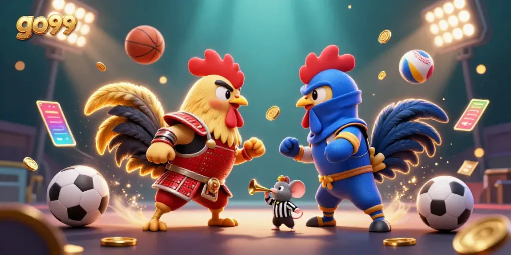 Experience thrilling gameplay with go99 featuring twin roosters in an epic match amidst casino elements.