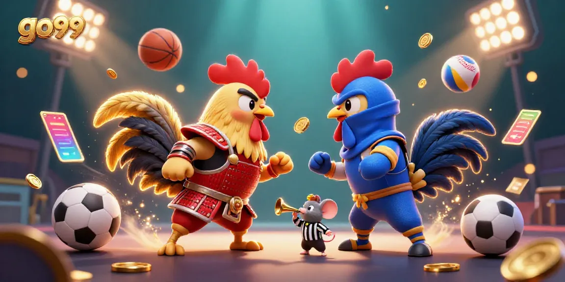 Experience thrilling gameplay with go99 featuring twin roosters in an epic match amidst casino elements.