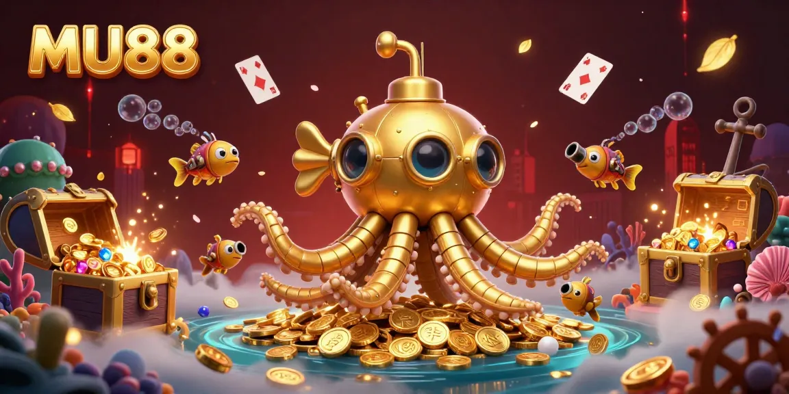 Experience thrilling underwater adventures with MU88 as a golden kraken submarine and mechanical fish unveil treasures of online gaming.