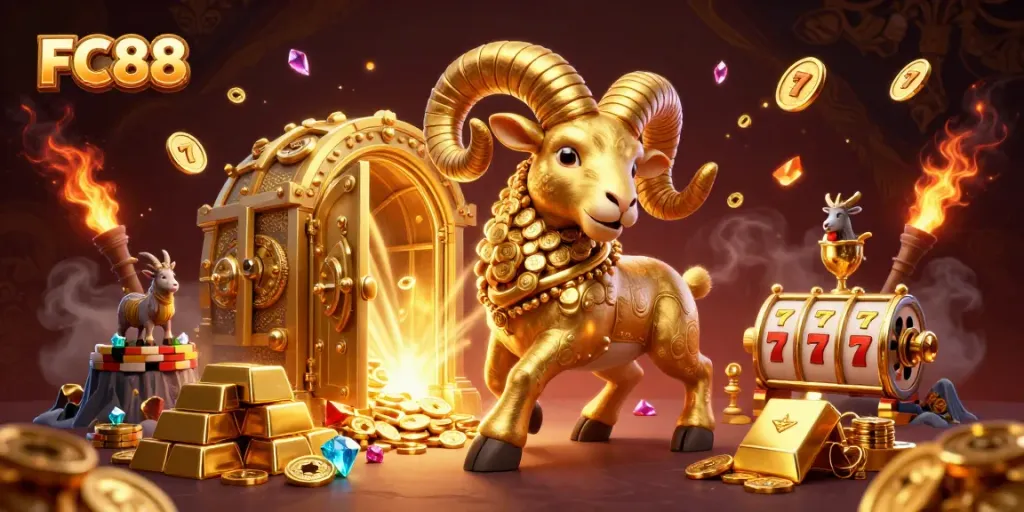 Experience the thrilling action at FC88, featuring a golden ram charging through gold treasures and slot elements.