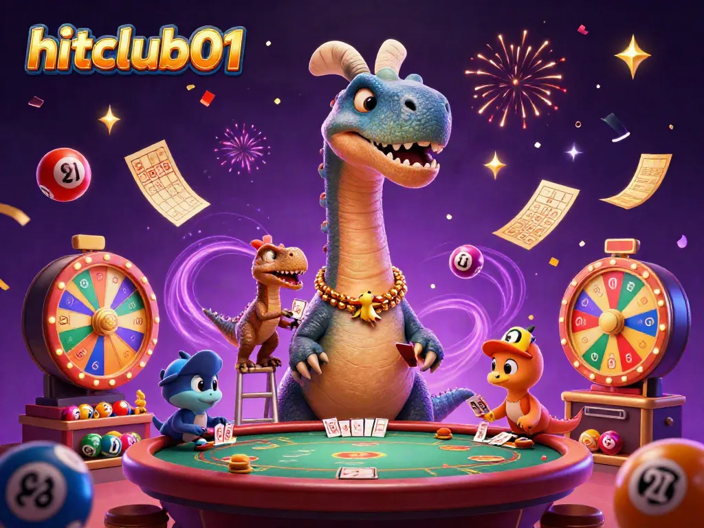 Experience the excitement of hitclub01 with a fun and vibrant casino scene featuring towering brontosaurus and raptor dealer elements.
