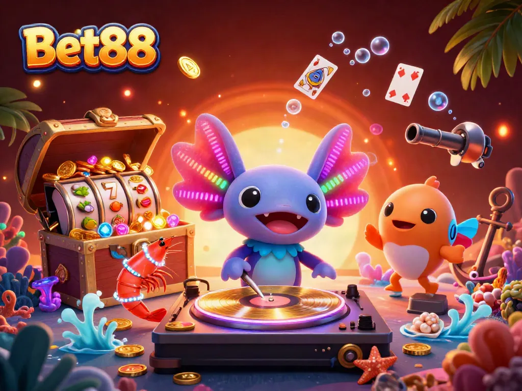 Khám phá trò chơi sòng bạc Bet88 với DJ axolotl và sinh vật biển vui tươi.