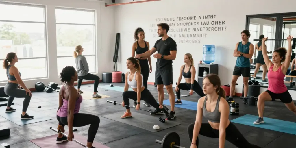 Engaging health and fitness scene at https://biolabshop.nl/ with diverse athletes exercising together and nutrition products visible.