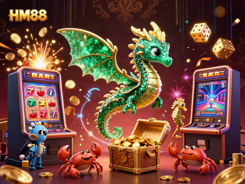 Experience the excitement of HM88 with a vibrant 3D casino scene featuring a sea dragon, slot machine, and treasure chests.