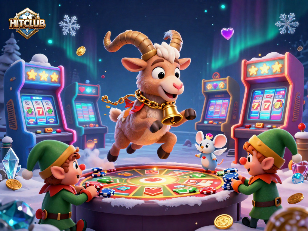Experience HITCLUB's vibrant casino atmosphere with festive characters and interactive gaming elements.
