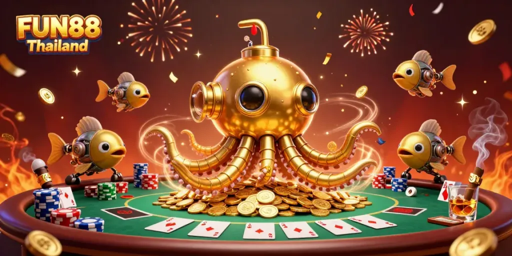 Experience the excitement of FUN88 Thailand with a golden kraken and poker elements amidst a celebration.