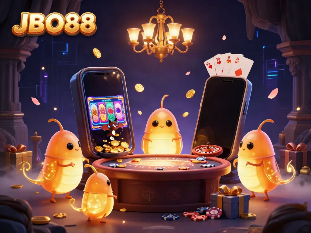 Spin and win with JBO88's vibrant casino experience illuminated by glowing characters in an enchanting setting.