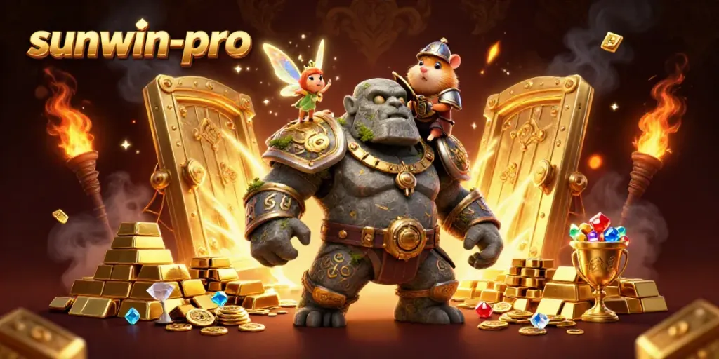 Win big with sunwin-pro featuring an animated golem guardian, fairy, and knight in a treasure-filled scene.
