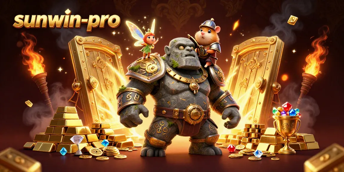 Win big with sunwin-pro featuring an animated golem guardian, fairy, and knight in a treasure-filled scene.