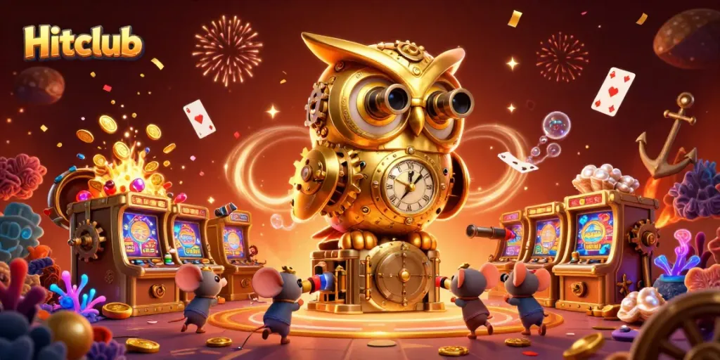 Experience the thrill of Hitclub as a golden owl oversees vibrant casino action with exciting game elements.