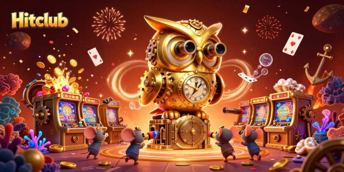 Experience the thrill of Hitclub as a golden owl oversees vibrant casino action with exciting game elements.