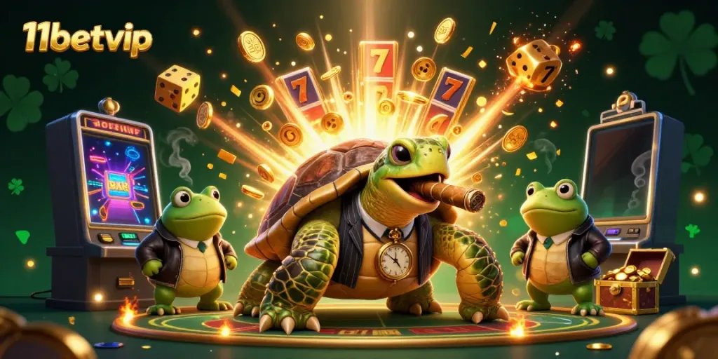 Win big at 11betvip with an engaging scene of a 3D turtle mobster and dynamic casino elements