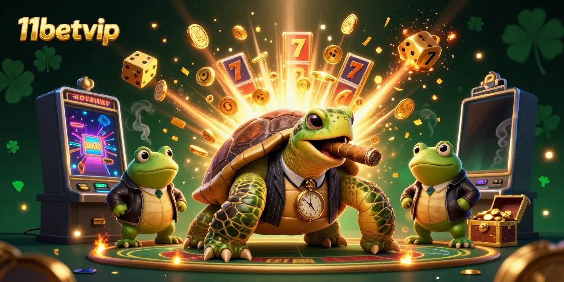 Win big at 11betvip with an engaging scene of a 3D turtle mobster and dynamic casino elements