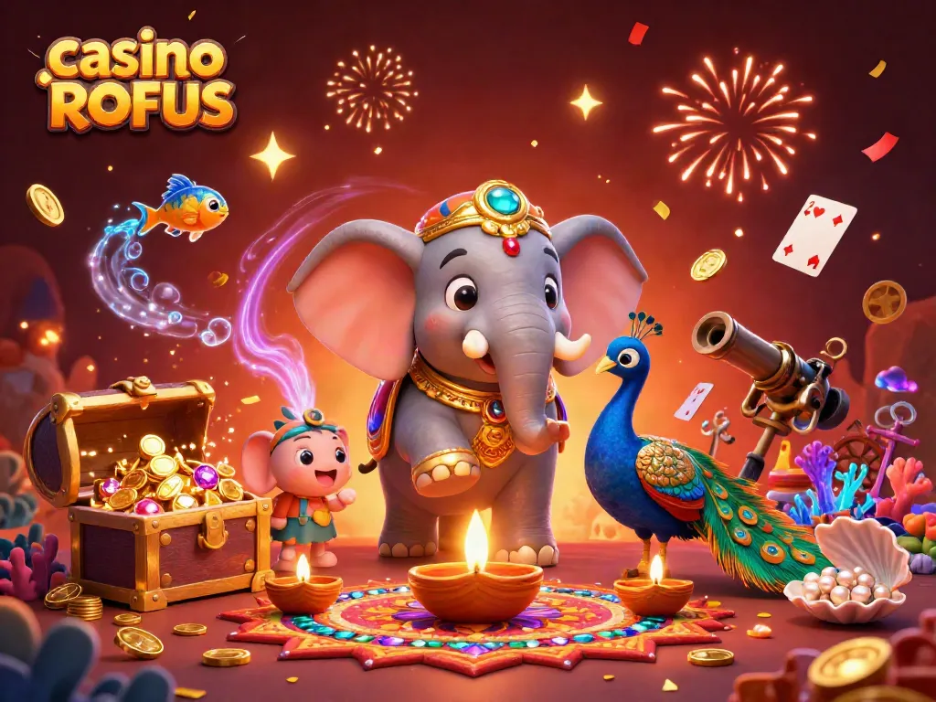 Engage in thrilling casino uden ROFUS games among colorful 3D characters and festive decorations.