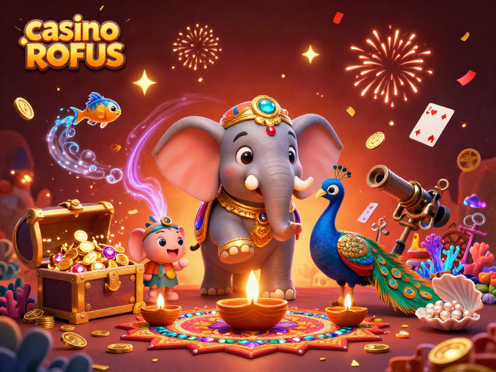 Engage in thrilling casino uden ROFUS games among colorful 3D characters and festive decorations.