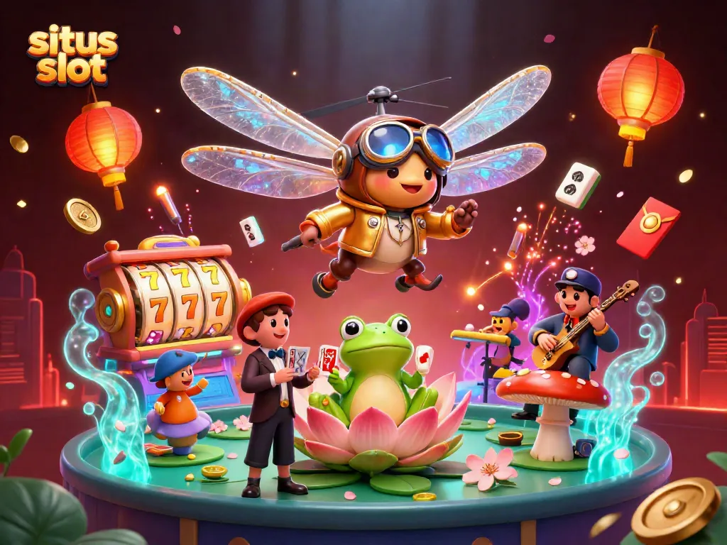 Create winning moments at situs slot with a 3D dragonfly pilot and frog dealer in a vibrant casino scene.