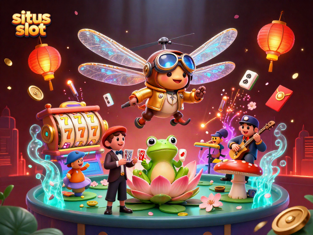 Create winning moments at situs slot with a 3D dragonfly pilot and frog dealer in a vibrant casino scene.