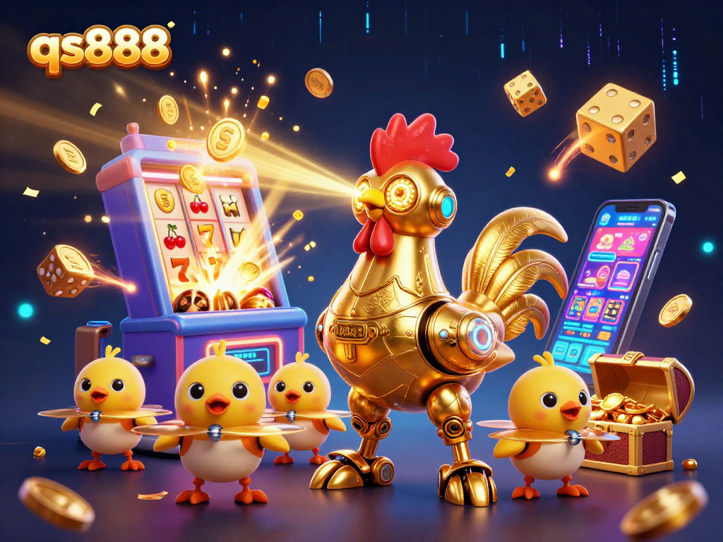 Engage with qs888's electrifying gaming scene featuring a golden rooster robot and baby chick drones.