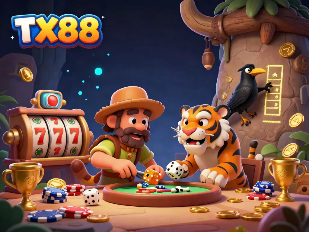 Experience TX88's vibrant gambling environment with a prehistoric casino managed by unique characters amid exciting game elements.