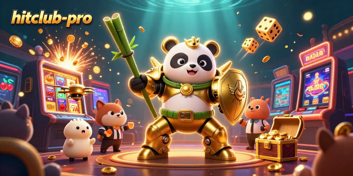 Hitclub-pro showcases an enthusiastic casino scene with a golden panda and engaging game elements.