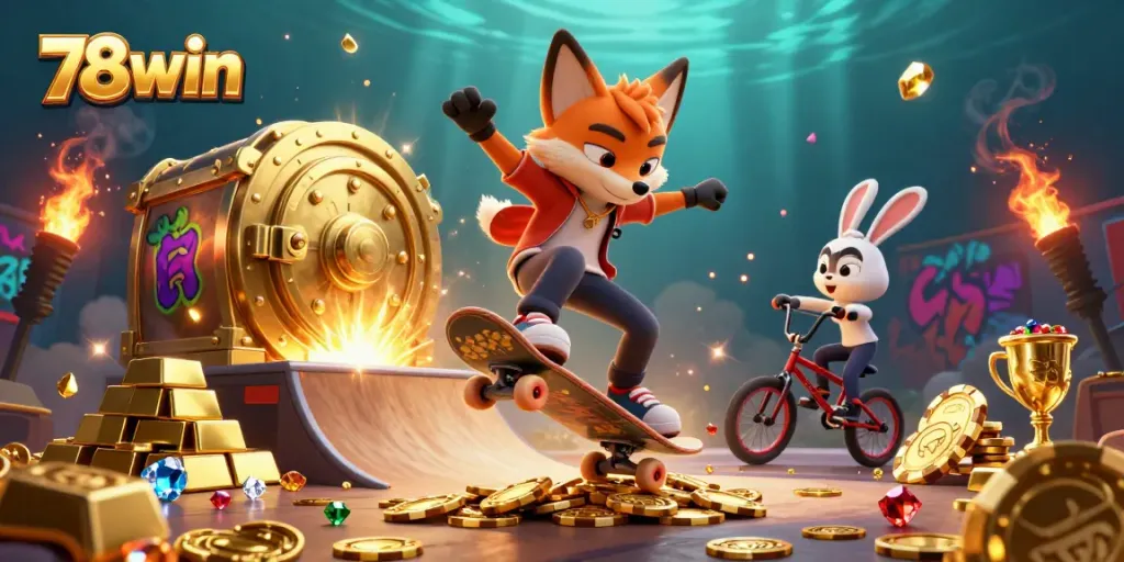 Experience 78win's vibrant gambling atmosphere with fox and rabbit characters in dynamic casino scene.