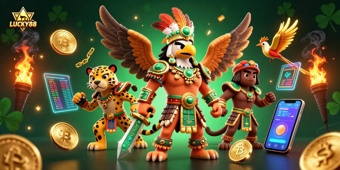 Experience the vibrant world of LUCKY88 with an Aztec warrior and crypto elements
