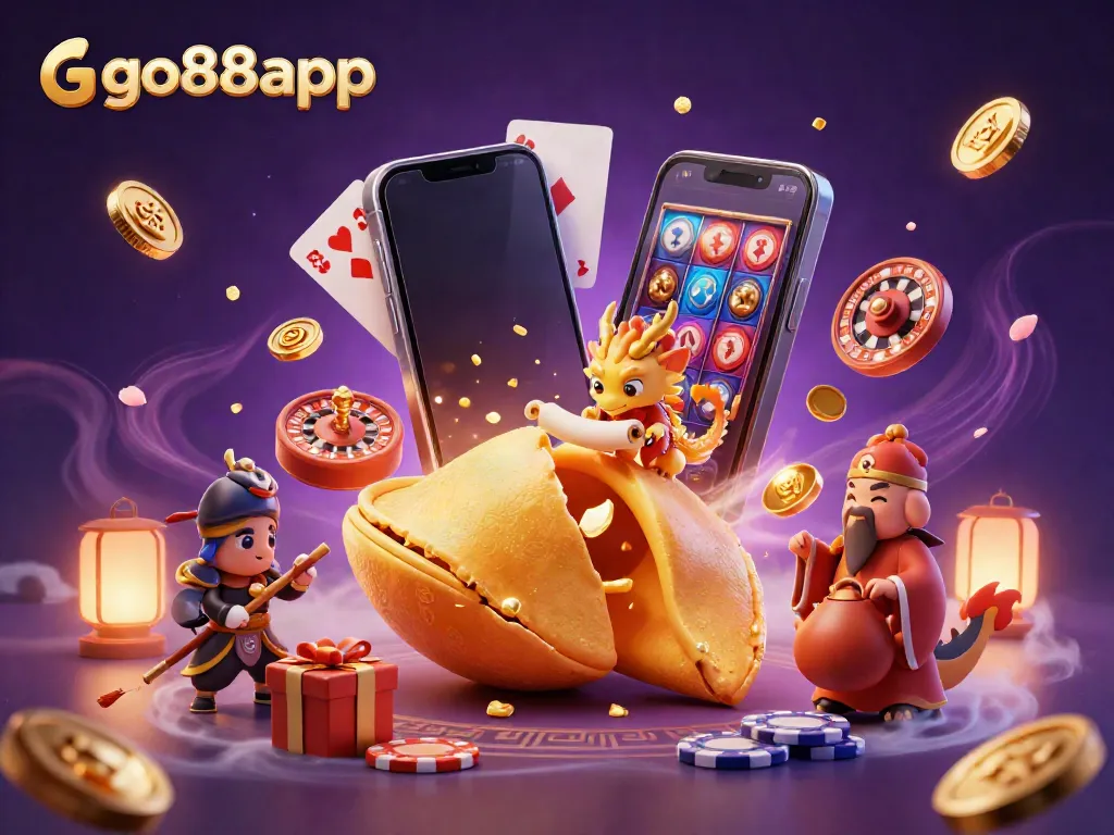 Experience the thrill of go88app with a vibrant 3D casino scene full of dynamic gaming symbols and characters.
