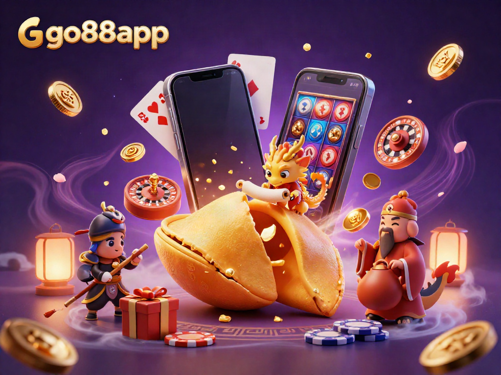 Experience the thrill of go88app with a vibrant 3D casino scene full of dynamic gaming symbols and characters.
