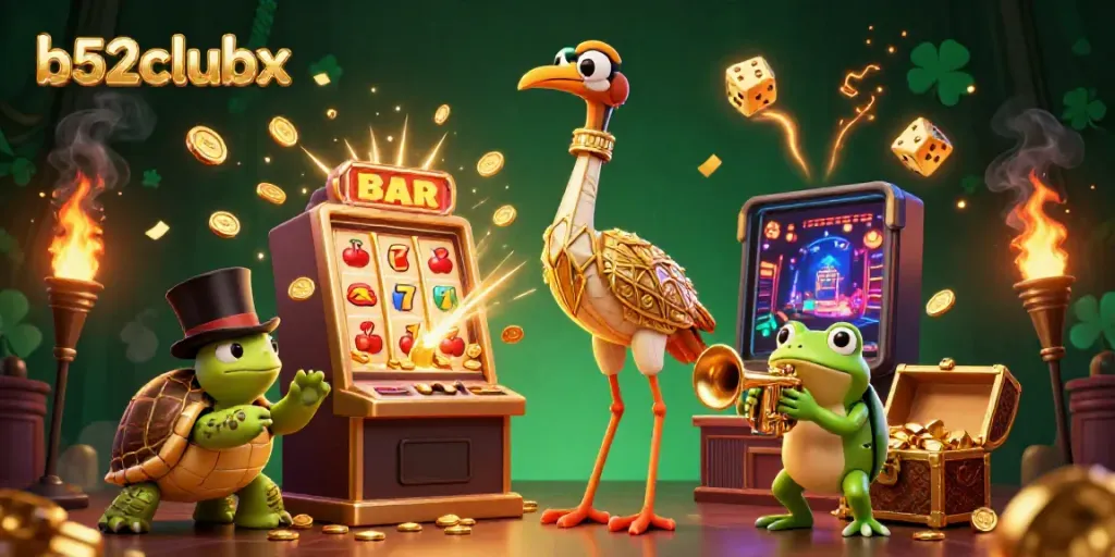 Engaging scene showcasing b52clubx with dynamic 3D elements bursting with casino excitement and vibrant color.