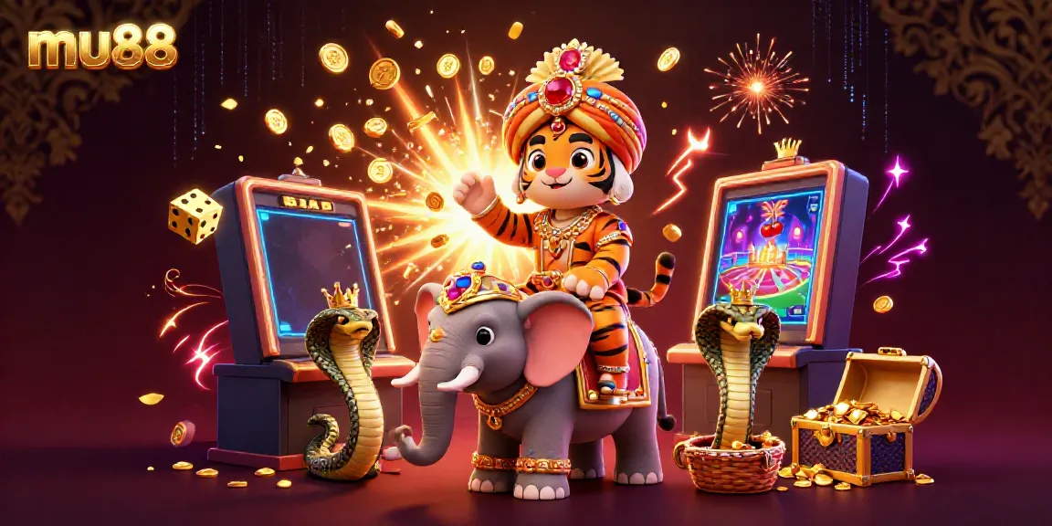 Experience the thrills of mu88 with a vibrant 3D casino scene featuring a maharaja, elephant, and jackpot excitement.