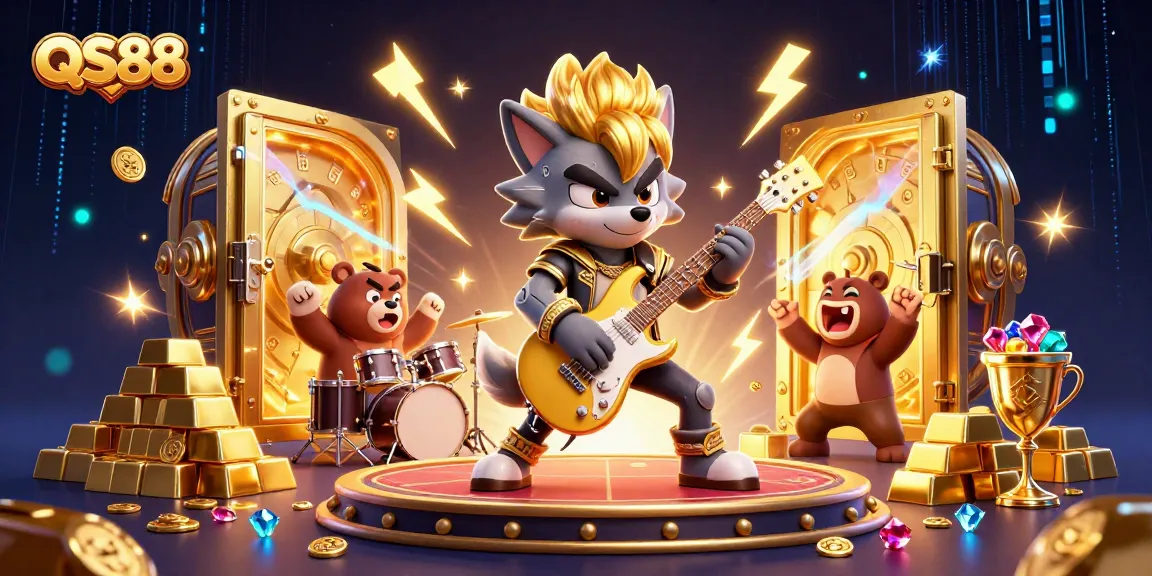 Experience the thrill of QS88 with a rock star wolf and treasure in a vibrant casino scene.