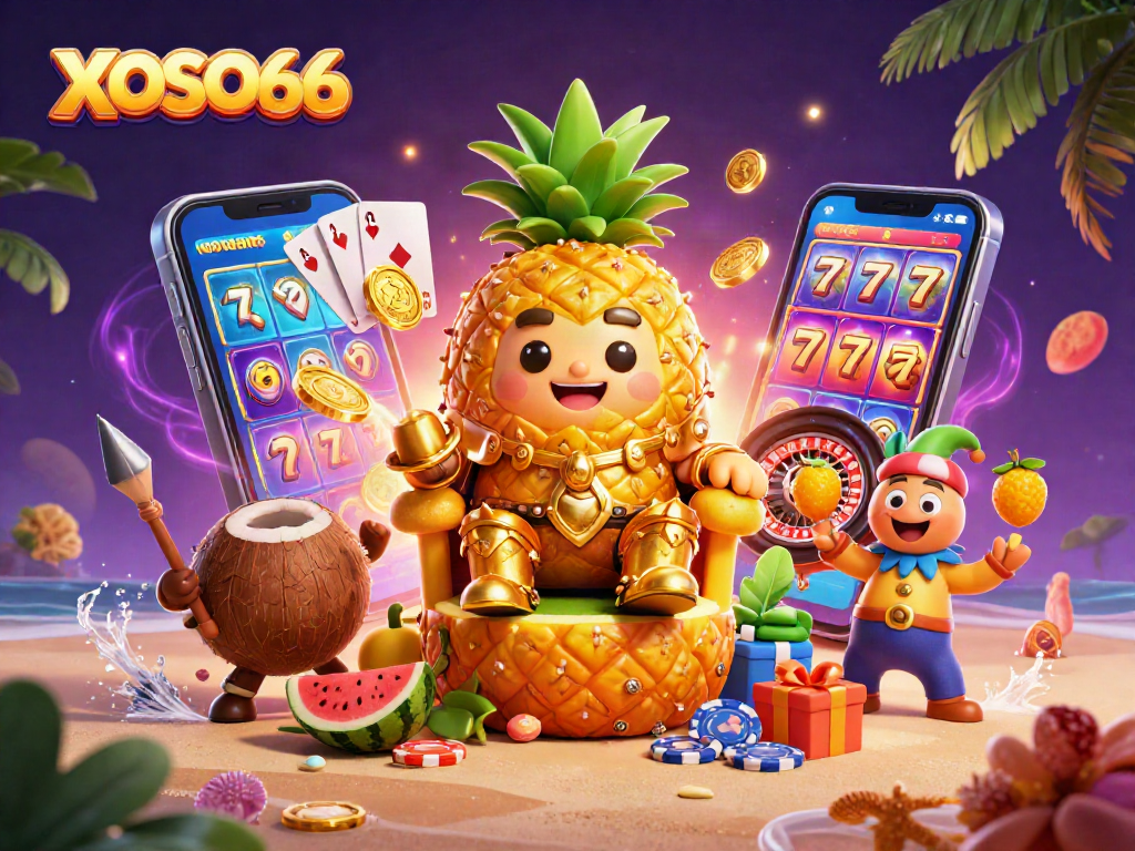 XOSO66 characters celebrating in a vibrant casino scene with golden coins and a tropical theme.