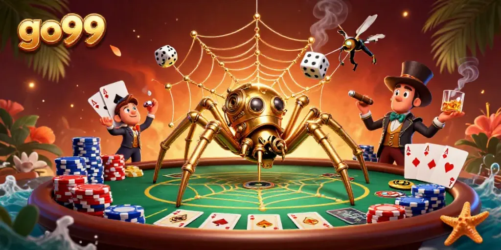 Experience thrilling action at go99 with a steampunk spider and poker elements in a vibrant scene.