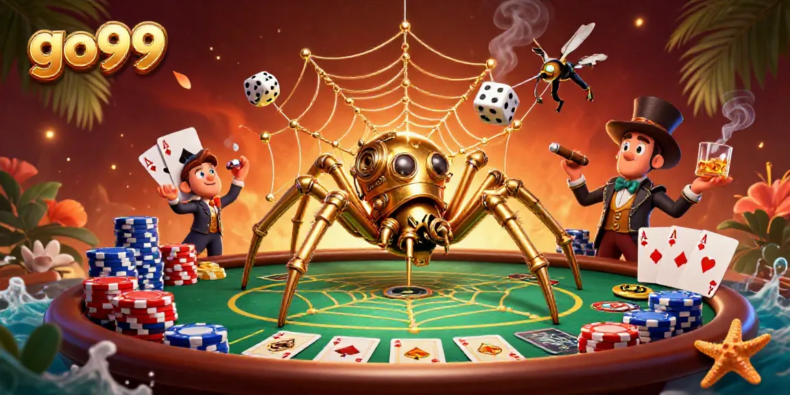 Experience thrilling action at go99 with a steampunk spider and poker elements in a vibrant scene.