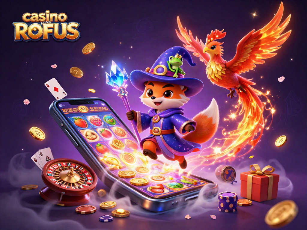 Play casino uden ROFUS with magical 3D illustration featuring a wizard fox, phoenix, and slot games.