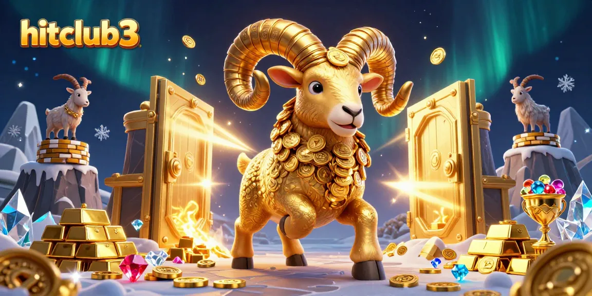 Engage with hitclub3's golden gaming excitement featuring a vibrant charging ram amidst treasures.