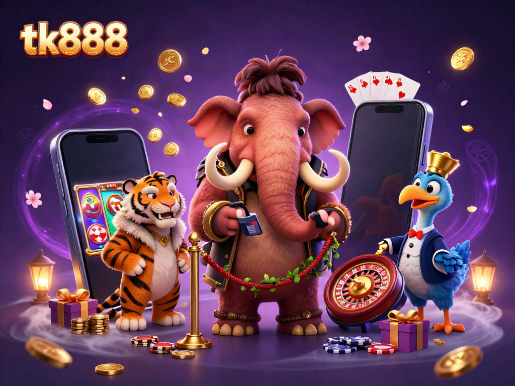 Experience VIP entry at tk888 with whimsical bouncer and glamorous guests in a vibrant casino scene.