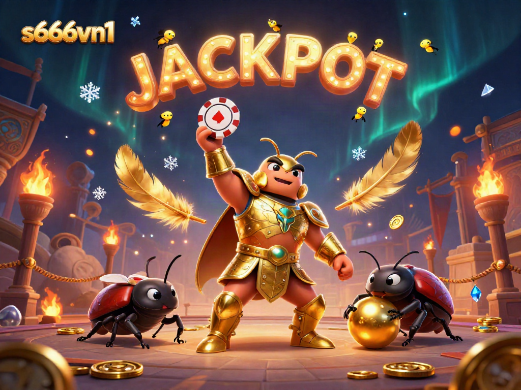 Engage in exciting games with s666vn1 featuring a victorious beetle and magical jackpot atmosphere.