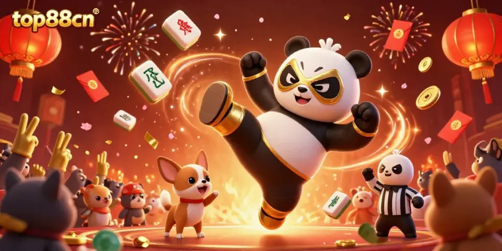 Experience the thrill of top88cn with lively panda wrestler action in an exciting casino scene.