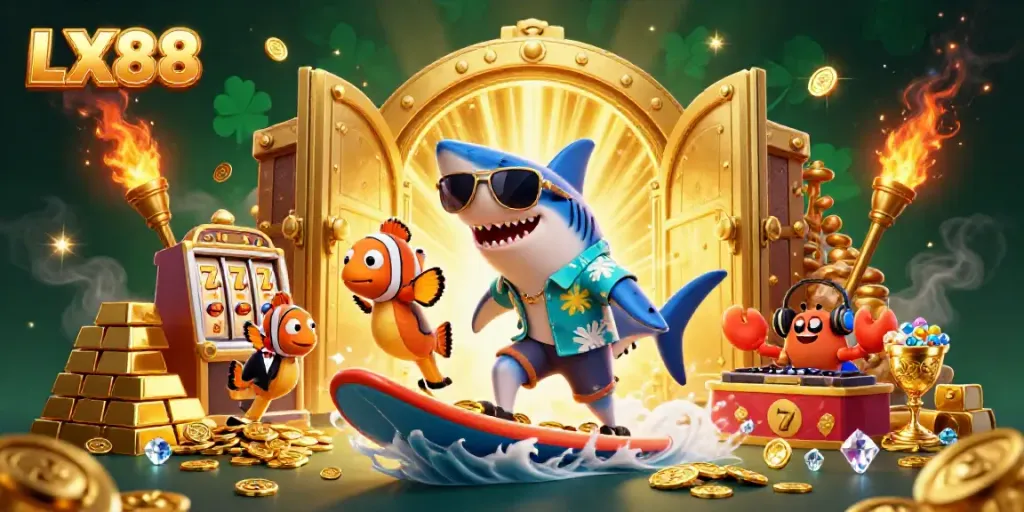 Experience the thrills of LX88 in an illustrated scene with characters surrounded by gold coins, slot machines, and treasures.