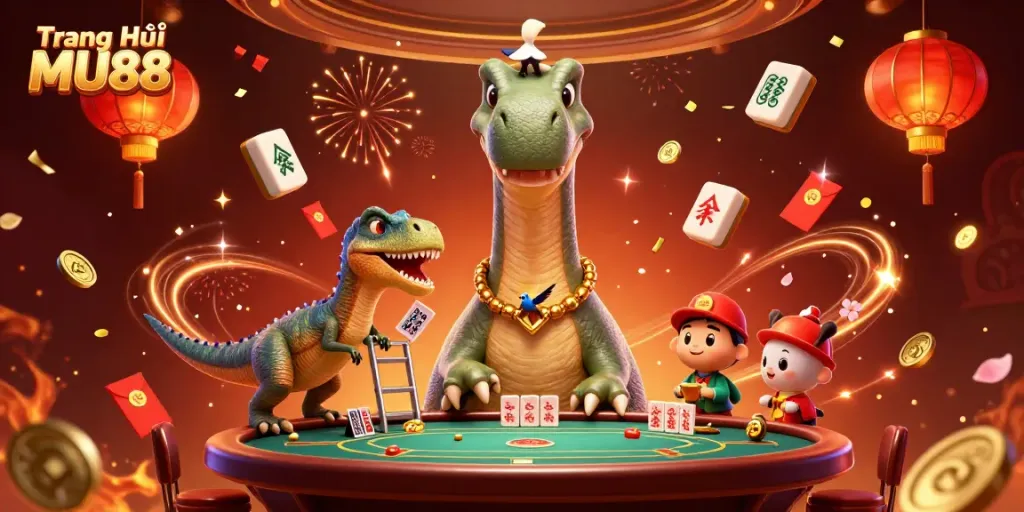 Engage with the excitement of Trang Chủ MU88 featuring quirky characters in a vivid casino scene.