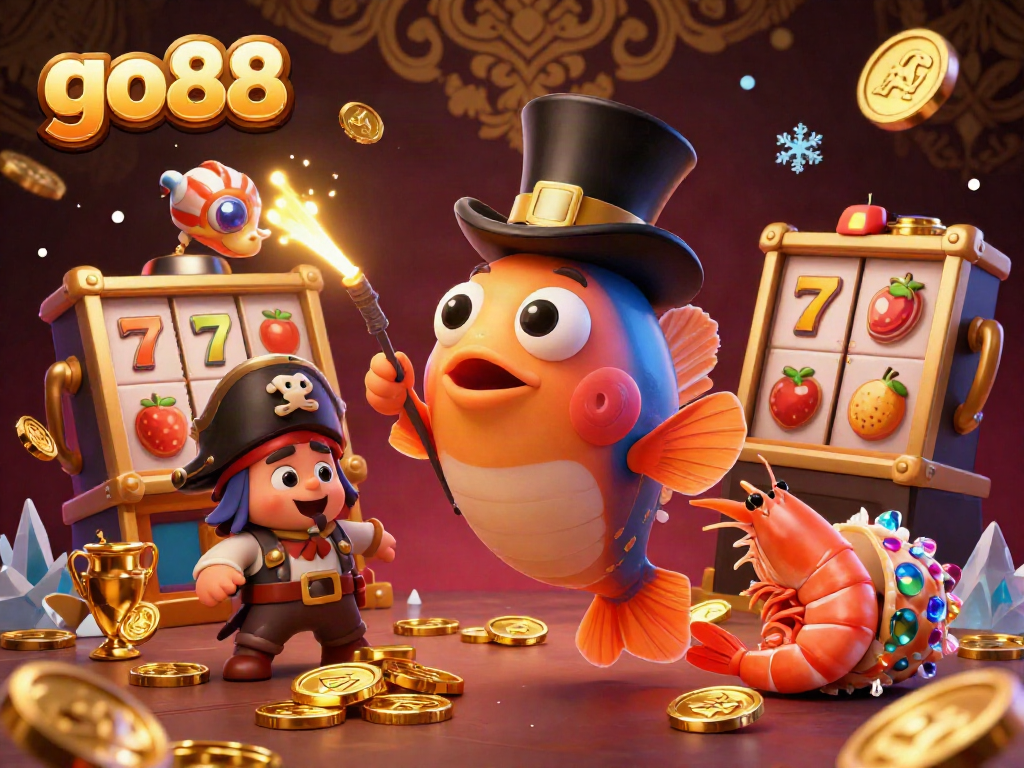Engage with go88's top gaming experiences, highlighted by a vibrant 3D scene featuring exciting characters and casino elements.