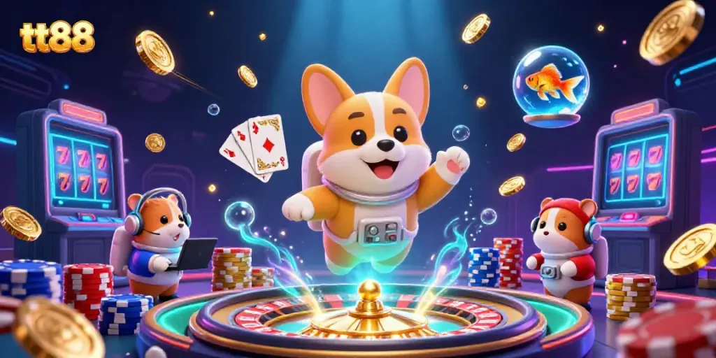 Experience the excitement of tt88 with a vibrant 3D scene showcasing a playful casino atmosphere.