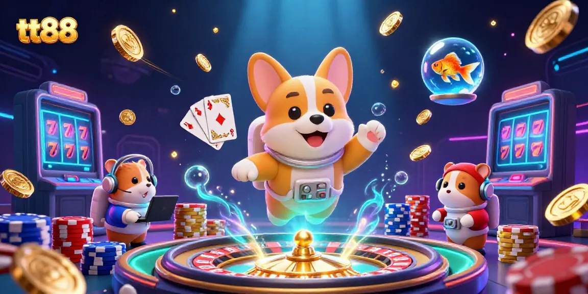 Experience the excitement of tt88 with a vibrant 3D scene showcasing a playful casino atmosphere.